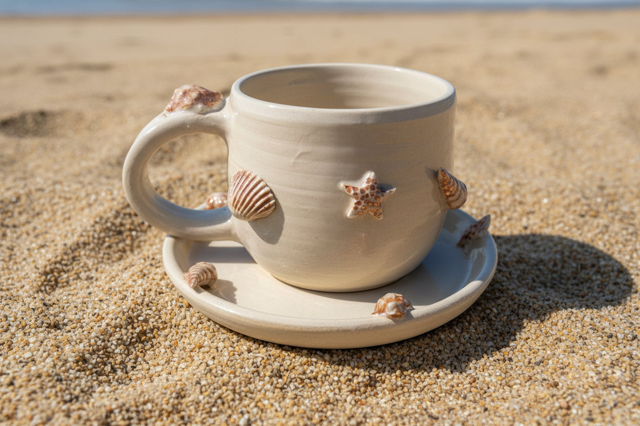 Beach Vibe Cup and Saucer — handmade ceramic by Ceramic Cube, Lusail Doha Qatar
